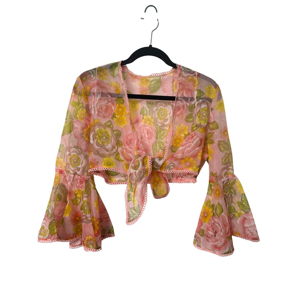 Vintage Pink Floral Sheer Mesh Tie Front Bell Sleeve Crop Top Boho 70s